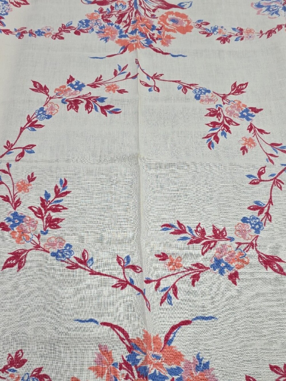 Floral Printed Tablecloth in White with Pink and Blue Accents - Picture 4 of 6